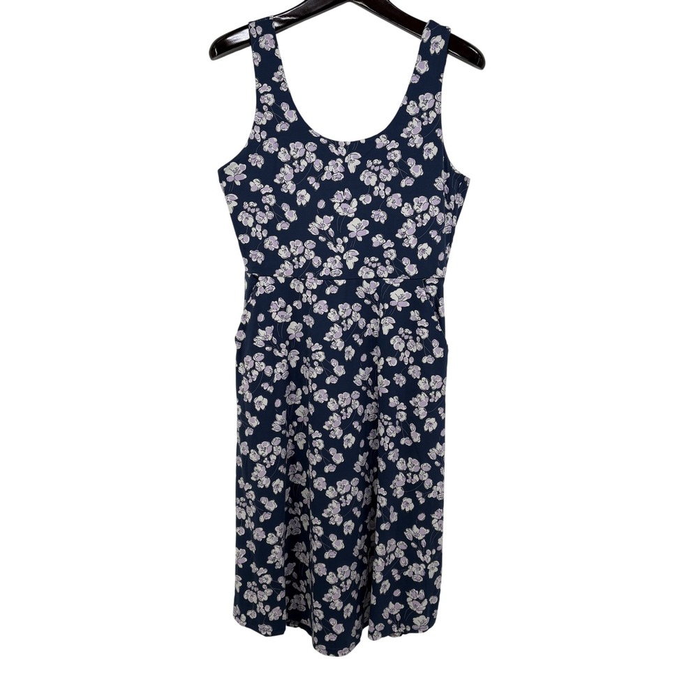 Pact Tie Back Floral Midi Dress Navy Lavender Organic Cotton Pockets Size L